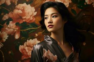 an asian woman in a floral robe with her hair blowing in the wind generative ai photo