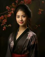 un asiático mujer en un kimono posando para el cámara generativo ai foto