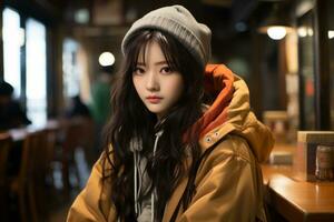 an asian girl wearing a beanie and jacket sitting at a table generative ai photo