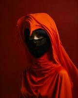 an asian woman wearing an orange scarf and black face mask generative ai photo