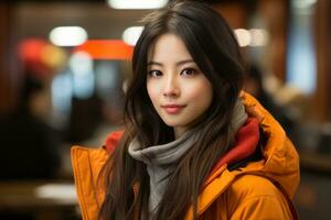an asian woman wearing an orange jacket and scarf generative ai photo