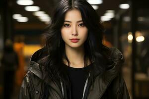 an asian woman with long black hair and a black jacket generative ai photo