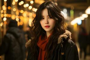 an asian woman with long dark hair and red lipstick standing in front of a crowd of people generative ai photo
