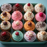 an assortment of cupcakes in a blue box generative ai photo