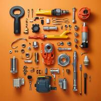 un surtido de herramientas y partes en un naranja antecedentes generativo ai foto