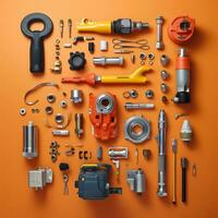 an assortment of tools and parts on an orange background generative ai photo