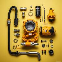 an assortment of tools and parts on a yellow background generative ai photo