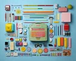 an assortment of school supplies arranged on a blue background generative ai photo