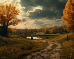 un otoño paisaje con arboles y un la carretera líder a un lago generativo ai foto