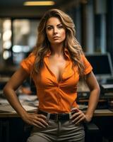 an attractive woman in an orange shirt posing in an office generative ai photo