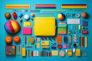 an assortment of school supplies arranged on a blue background generative ai photo