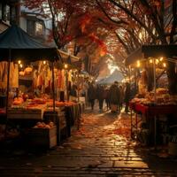 an autumn market with vendors selling fruit and vegetables generative ai photo