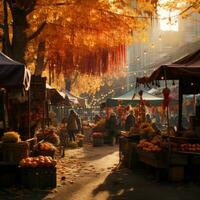 an autumn market in the city with people walking around generative ai photo