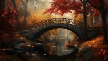 an autumn scene with a bridge over a river generative ai photo