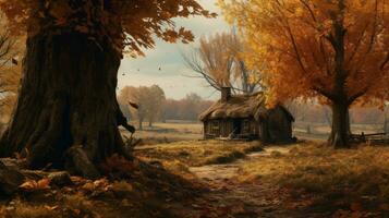 an autumn scene with a house in the middle of a field generative ai photo