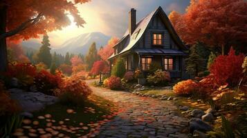 an autumn scene with a house in the middle of a forest generative ai photo