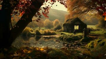 an autumn scene with a house by the water generative ai photo