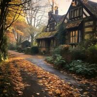 an autumn scene with a house and trees on the side of the road generative ai photo