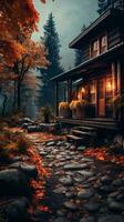 an autumn scene with a log cabin in the woods generative ai photo