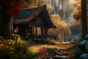 an autumn scene with a log cabin in the woods generative ai photo
