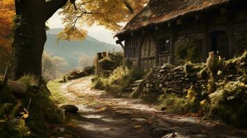 an autumn scene with a stone path leading to a cottage generative ai photo