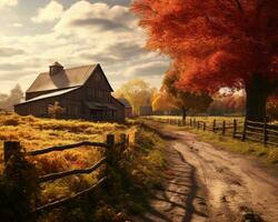 an autumn scene with an old barn and trees generative ai photo