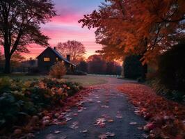 an autumn scene with a path leading to a house generative ai photo