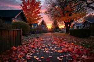 an autumn scene with leaves on the ground and a path leading to a house generative ai photo