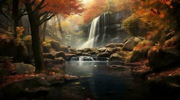 an autumn scene with a waterfall in the forest generative ai photo