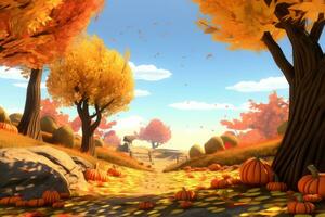 un otoño escena con calabazas y arboles generativo ai foto