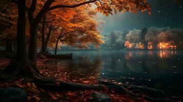 an autumn scene with trees and a boat on the water generative ai photo