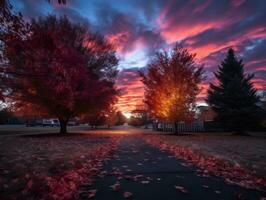 an autumn sunset with trees and leaves on the ground generative ai photo