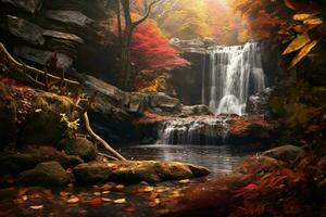 an autumn scene with a waterfall in the forest generative ai photo