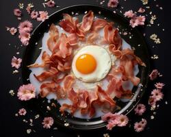 an egg and bacon on a plate surrounded by pink flowers generative ai photo