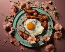 an egg on a plate with bacon and flowers generative ai photo
