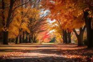 an empty road lined with trees in the fall generative ai photo