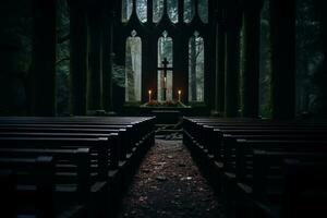 un vacío Iglesia con de madera bancas y velas generativo ai foto