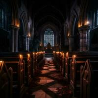 an empty church with candles lit in the dark generative ai photo