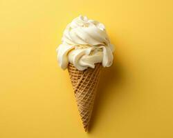un hielo crema cono en un amarillo antecedentes generativo ai foto