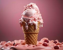 an ice cream cone with cherries on a pink background generative ai photo