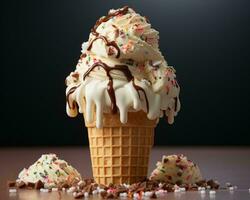 an ice cream cone with chocolate and sprinkles generative ai photo