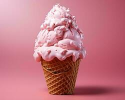 an ice cream cone with pink ice cream on a pink background generative ai photo