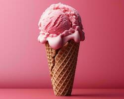 an ice cream cone with pink ice cream on a pink background generative ai photo