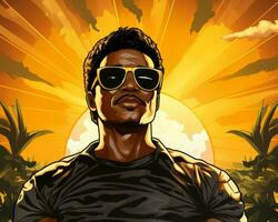 an illustration of a black man wearing sunglasses and standing in front of a sunset generative ai photo
