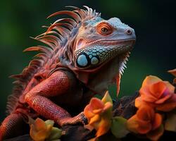 an iguana sitting on a rock with flowers in the background generative ai photo