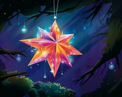 an illustration of a colorful star hanging from a tree generative ai photo