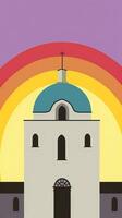 un ilustración de un Iglesia con un arco iris en el antecedentes generativo ai foto