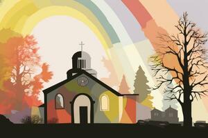 an illustration of a church with a rainbow in the background generative ai photo