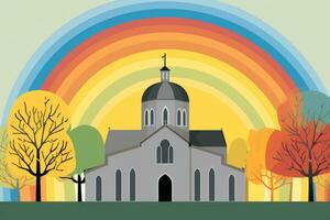 an illustration of a church with a rainbow in the background generative ai photo