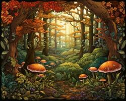 un ilustración de un bosque con hongos y arboles generativo ai foto